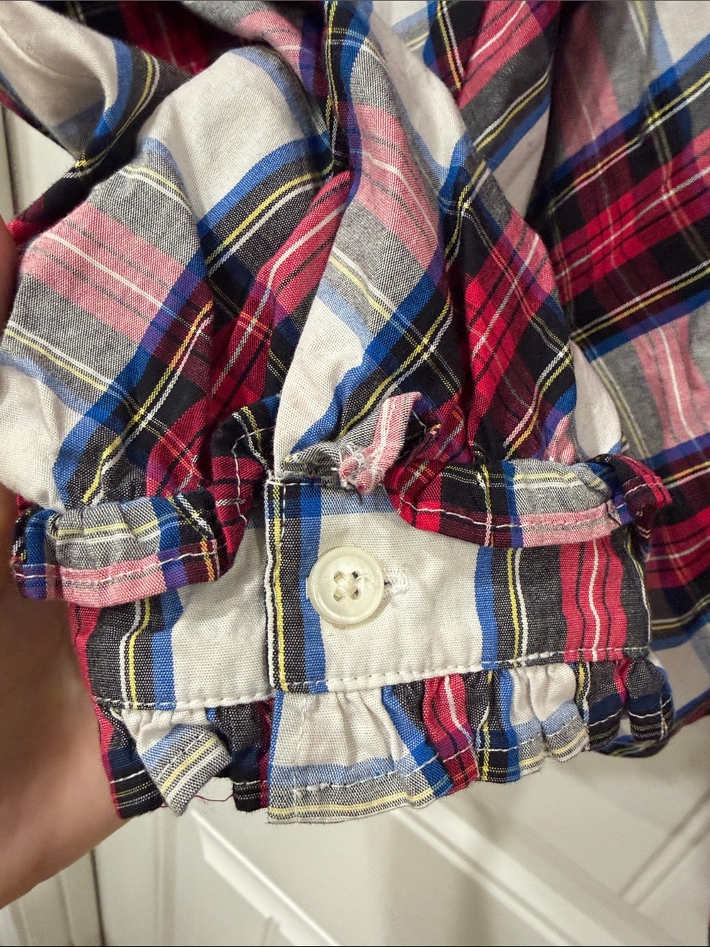 EUC J. Crew Red, Cream & Blue Tartan Plaid Ruffle-Neck Blouse - Picture 4 of 6